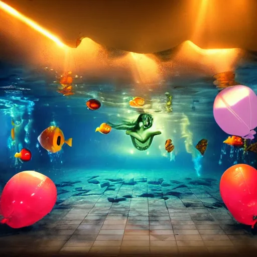 Image similar to balloonamilas, under the sea, little mermaid, realistic, hd, dramatic lighting