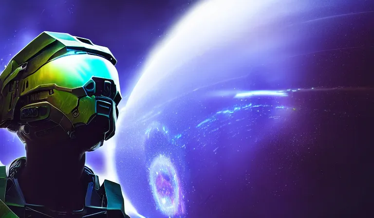 Image similar to cyberpunk halo helmet on space, planet behind, close shot, reflection, epic, dramatic, cinematic, award winning, ultra detailed, realistic, 8k,