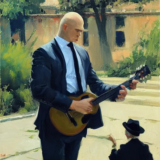 Image similar to a portrait of agent 4 7 from hitman playing a guitar in a monestary garden next to an elderly priest, by gregory manchess, james gurney, james jean