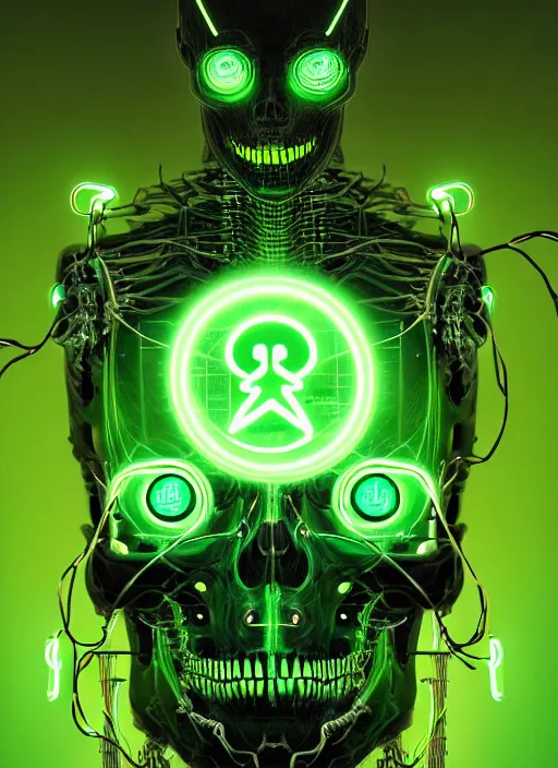 Prompt: portrait of a cyber skeleton, glowing green runes, glowing green cybernetic brain, glowing green orbs linked by wires to the brain, intricate, elegant, glowing lights, highly detailed, digital painting, artstation, concept art, smooth, sharp focus, illustration, art by wlop, mars ravelo and greg rutkowski