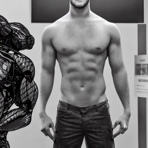 Image similar to a realistic detailed photo of a guy who is an attractive humanoid who is half robot and half humanoid, who is a male android, actor liam hemsworth, shiny skin, posing like a statue, blank stare, in a factory, on display, showing off his muscles
