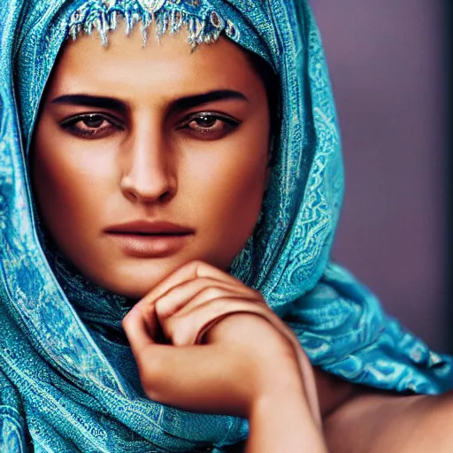 Prompt: portrait of a stunningly beautiful arabic tribal female, depth of field, zeiss lens, detailed, symmetrical, centered, fashion photoshoot, by Annie Leibovitz and Steve McCurry, David Lazar, Jimmy Nelsson, Breathtaking, 8k resolution, extremely detailed, beautiful, establishing shot, artistic, hyperrealistic, beautiful face, octane render