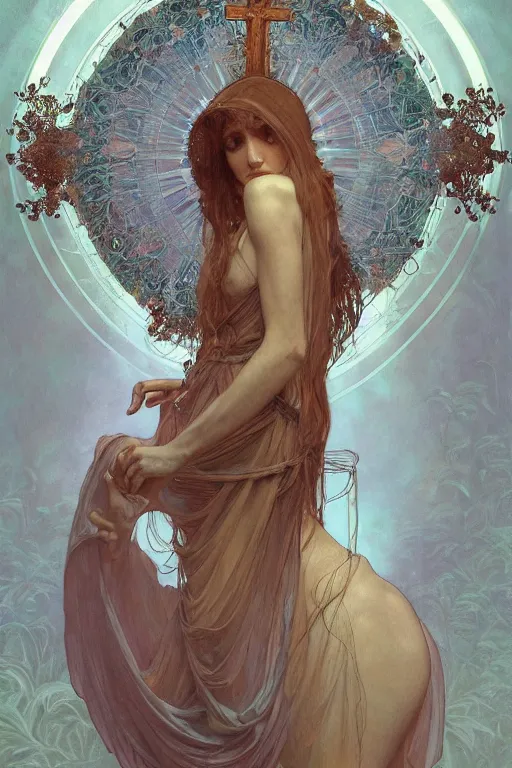 Image similar to a full body portrait of a beautiful ethereal delicate botanist mage queen meditative sacral pose catholic stages of the cross, intricate, elegant, highly detailed, digital painting, artstation, concept art, smooth, sharp focus, illustration, art by krenz cushart and artem demura and alphonse mucha