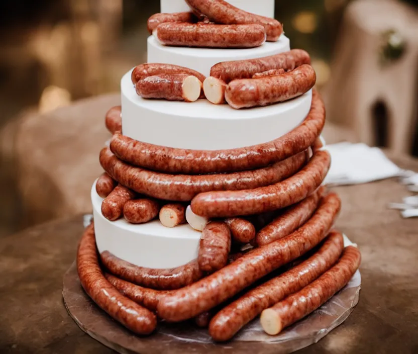 Image similar to photo of a wedding cake with sausages and ketchup