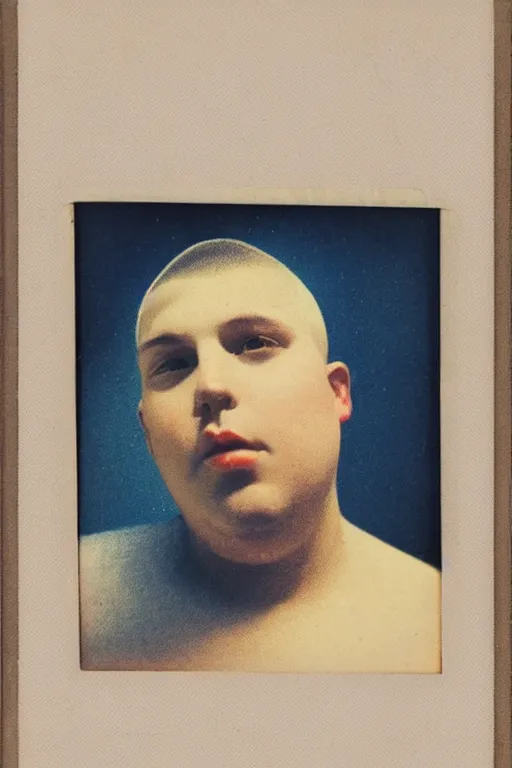 Prompt: vintage polaroid analog photo of a beautiful chubby gay man with a buzzcut, full lips, makeup, warm azure tones, heavy lensflare, color bleed, film grain, depth of field, jules bastien - lepage, rudolph belarski, johfra bosschart, alexandre cabanel