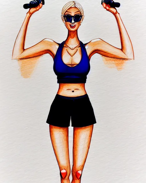 Prompt: overjoyed in anticipation to be sacrificed soon , a beautiful young euro-American woman with medium length bright blonde hair and tanned skin and slender figure in a black silk tank top and navy blue gym shorts and black-framed glasses, in complete focus, complex artistic color ink pen sketch illustration, professional composition, subtle detailing, gentle shadowing, ray-tracing render, fully immersive reflections in her eyes, heavenly concept art by Artgerm and Range Murata in collaboration.