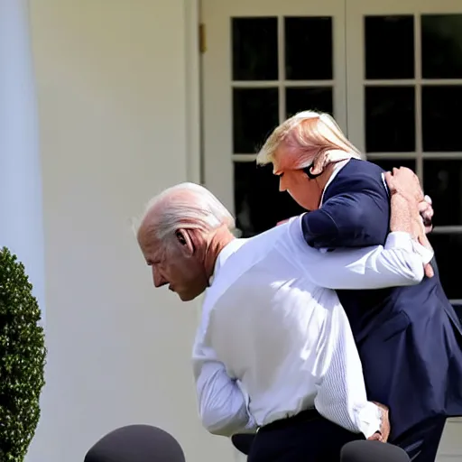 Image similar to trump puts biden in a headlock on the white house lawn