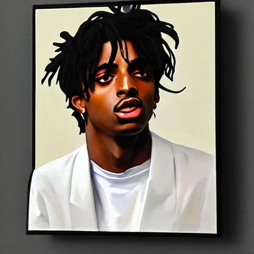 Prompt: oil painting portrait of a Playboi Carti in the style of syd mead and john william waterhouse