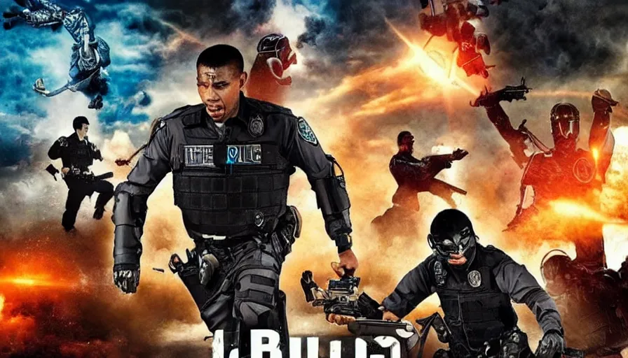 Image similar to big budget action movie about police fighting a demonic battle cyborg!