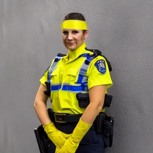 Prompt: A police officer wearing yellow rubber gloves, posing heroically, stock image