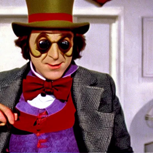 Image similar to Willy Wonka warning of the dangers of Pizza, cinematic Eastman 5384 film
