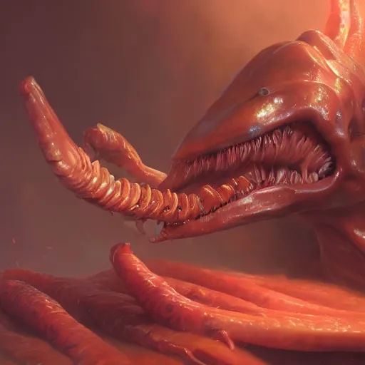 Prompt: A close up shot of a table-spread of amazing Alien food of strange things hot and fresh and steaming, ultra high detailed, oil painting, Greg Rutkowski, Charlie Bowater, Yuumei, Yanjun Cheng, unreal 5, DAZ, hyperrealistic, octane render, RPG portrait, dynamic lighting, fantasy art, beautiful