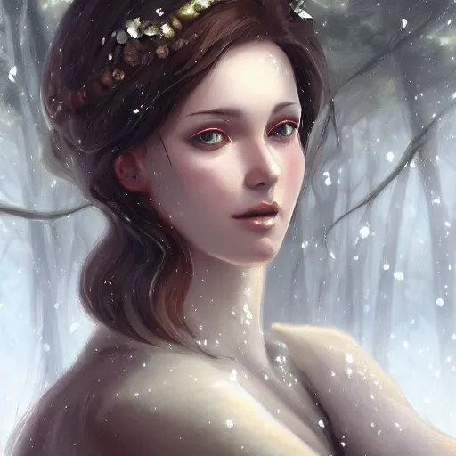 Image similar to a painting of a goddess in a snowy forest, a digital painting by Charlie Bowater, featured on cgsociety, fantasy art, detailed painting, artstation hd, ilya kuvshinov