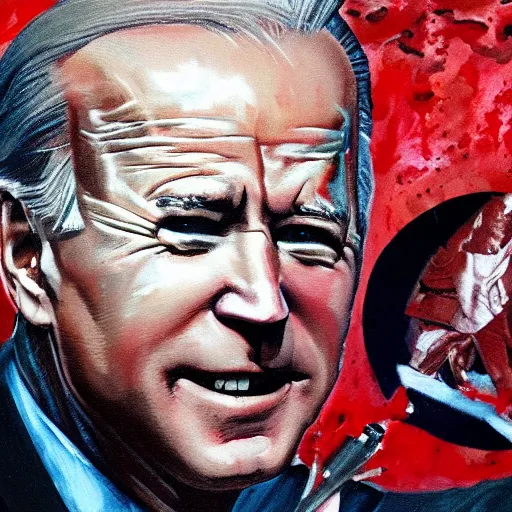 Prompt: Joe Biden holding a minigun standing ankle deep in a pool of blood with a war happening in the background, oil painting
