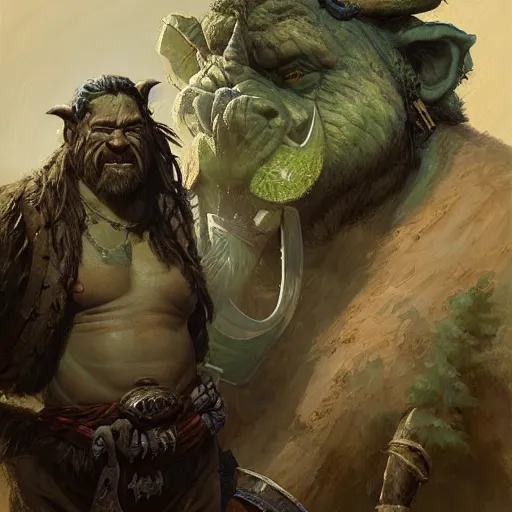 Image similar to a friendly orcish merchant, green skin and tusks, fantasy character portrait by greg rutkowski, gaston bussiere, craig mullins