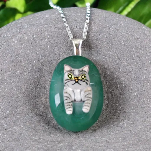 Prompt: solidity and eternity embroidered tabby cat necklace with jade stone, hyper realistic