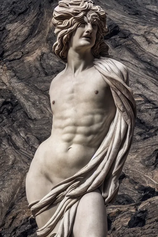 Image similar to epic view of mnemosine goddess statue sculpted in volcanic rock with silver stripes, made by antonio corradini and bernini, ultrarealistic, detailed, 8 k