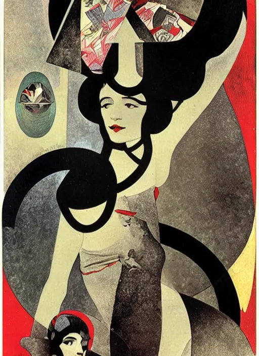Image similar to girl in a long dress swimming underwater, caustics, surreal Dada collage by Man Ray Kurt Schwitters Hannah Höch Alphonse Mucha, red and black