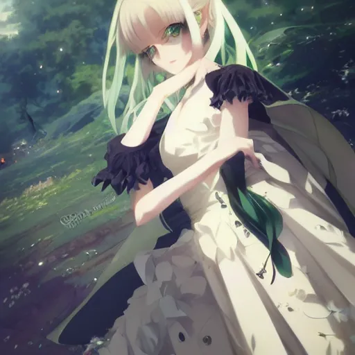 Image similar to victorique de blois anime girl gosick green eyes black dress blonde hair by greg rutkowski makoto shinkai aramaki shinji artgerm, cushart krenz key art feminine