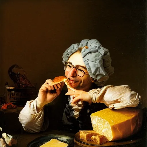 Image similar to steve albini eating a loaf of fresh bread and some good cheese or roast beef, portrait, oil on canvas, by jean - honore fragonard