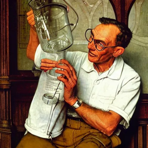 Image similar to male scientist holding a beaker next to a church altar with a child on it, painting by norman rockwell