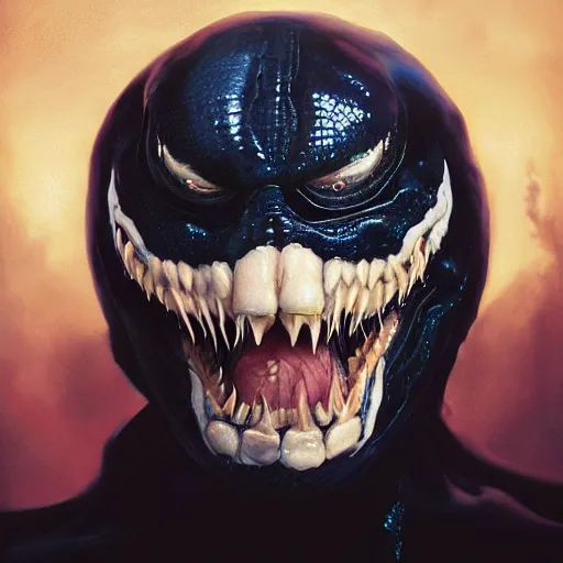 Image similar to portrait of venom, intricate artwork, concept art, octane render, deviantart, cinematic, key art, hyperrealism, iridescent accents, portrait photograph, nikon 3 5 mm, photograph by greg rutkowski