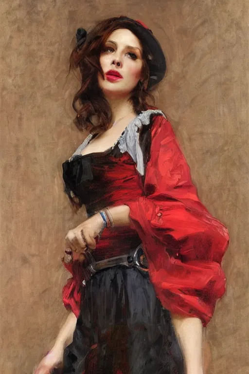 Prompt: Richard S. Johnson and Solomon Joseph Solomon and Richard Schmid and Jeremy Lipking victorian genre painting full length portrait painting of a young beautiful woman traditional german french barmaid in fantasy costume, red background