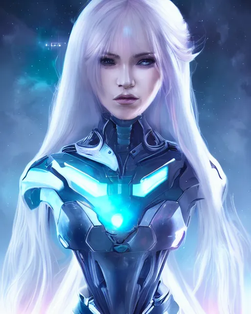 Image similar to perfect android girl on a mothership, warframe armor, beautiful face, scifi, futuristic, galaxy, nebula, raytracing, dreamy, long white hair, blue cyborg eyes, sharp focus, cinematic lighting, highly detailed, artstation, divine, by gauthier leblanc, kazuya takahashi, huifeng huang