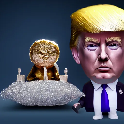 Image similar to Donald Trump with silver-violet hair, white eyes and golden glittery dress, wide lens, diorama, 4k,