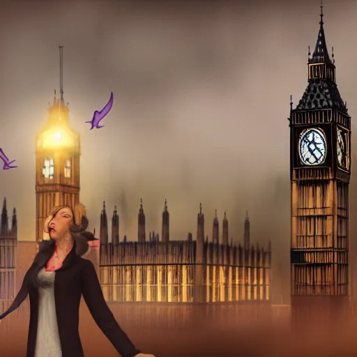 Prompt: A witch flying high in the sky using her broom stick,the Big Ben is in background, top down perspective,gloomy lighting,creepy atmosphere,digital art , highly detailed , high contrast, beautiful lighting, award winning , trending on art station, 8k, photo realistic