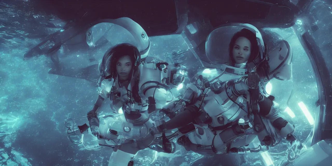 Image similar to Zoe Kravitz futuristic astronaut, outside large window of ship, helmet with clear HUD shield and led lights, underwater in the ocean at night, clear water, bubbles, volumetric lighting, glowing lights, 4k, octane, digital painting, artstation, concept art, sharp focus, illustration, high contrast, high saturation , cinematic film still, art by artgerm and greg rutkowski and alphonse mucha , wide angle view,