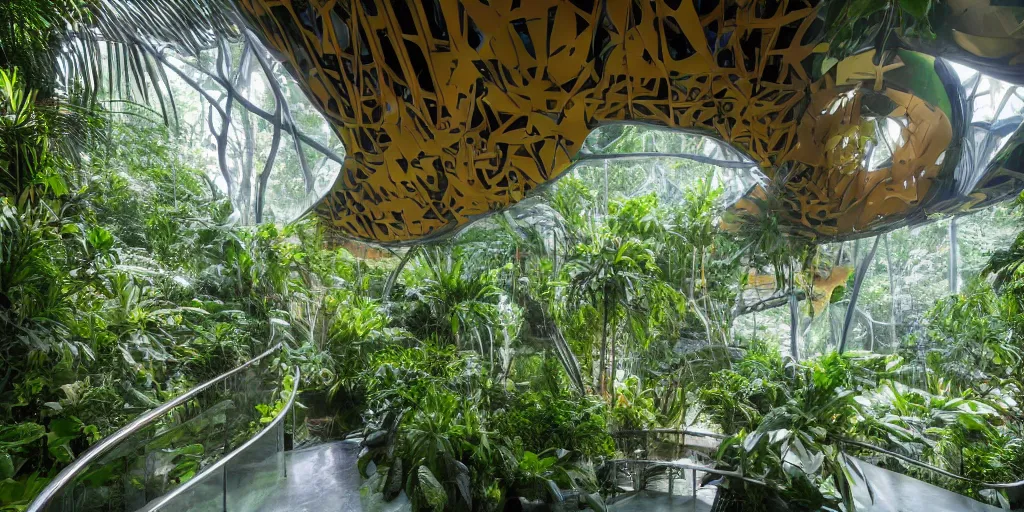 Image similar to lush tropical rainforest with waterfall, interior of bright atrium with lots of natural light, parametric biophilic architecture, atmospheric, zaha hadid and frank gehry inspired, octane 8 k,