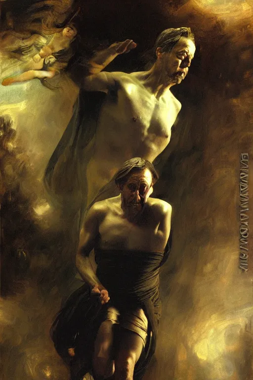 Image similar to beautiful detailed expressive impressionistic oil painting portrait of ancient roman god emperor steve buscemi levitating, ascending into the dark wearing the civic crown, renaissance painting, black background, art by anders zorn, wonderful masterpiece by greg rutkowski, expressive brush strokes, beautiful cinematic light, american romanticism by greg manchess, jessica rossier