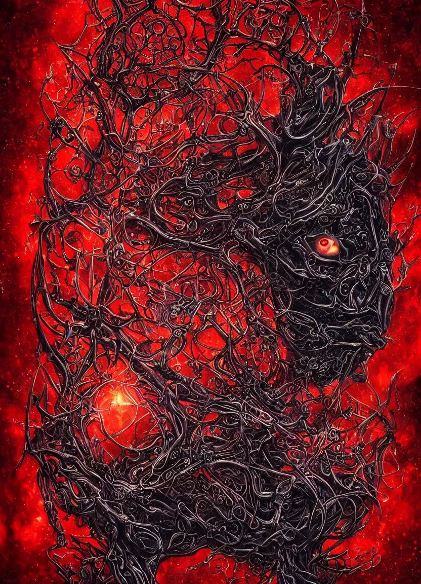 Prompt: Magical creation of protohuman on complex sigil with lots of detail. Dark colors, glowing fiery red, extremely high detail, fantasy, hyperrealism, horror art, masterpiece, 8k