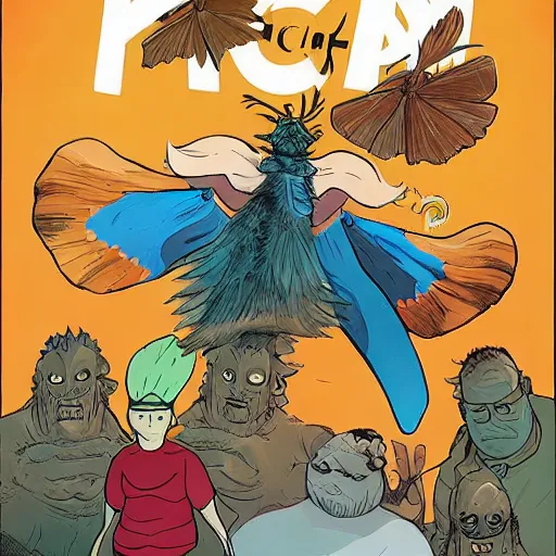 Image similar to ripped physique winged man Norm MacDonald disguised as a mothra whilst wearing a traffic cone hat cliff chiang roc upchurch brian k. vaughan vanesa r. del ray joelle jones mike mignola