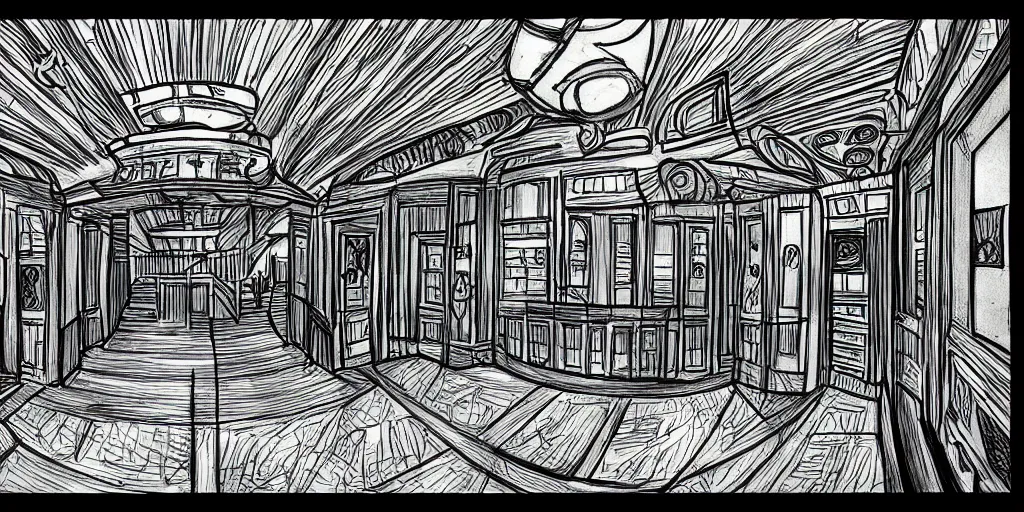 Image similar to a theater access corridor with dim lights, 3 doors, 1 staircase, color draw, day of the tentacle style, fish eye, drawn by Scott C