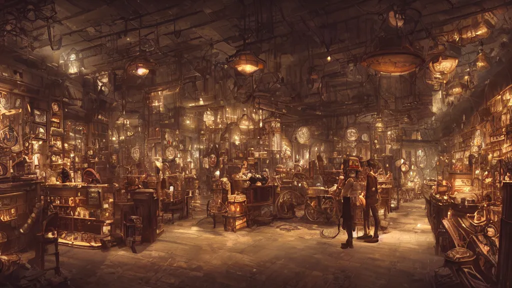 Image similar to A highly detailed image of a steampunk store, by Danar Worya, by Greg Rutkowski, by artgerm, by beeple, volumetric lighting, 4k resolution, octane render, trending on artstation