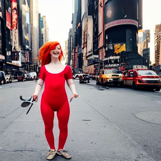 Prompt: a girl with a giant smile:: red hair:: freckles:: septum jewelry:: fair skin:: tattered ballet clothes:: she is holding a large sword:: standing in a busy street:: in New York city:: wide angle:: tilt shift lens:: full body:: long shot:: volumetric lighting:: cinematic:: 8K:: octane render:: trending on artstation:: hyper realistic:: photo realistic:: extreme detail::