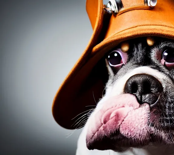 Prompt: a zeiss 8 5 mm f 1. 4 close up photo of a cute steampunk puppy shot by richard avedon