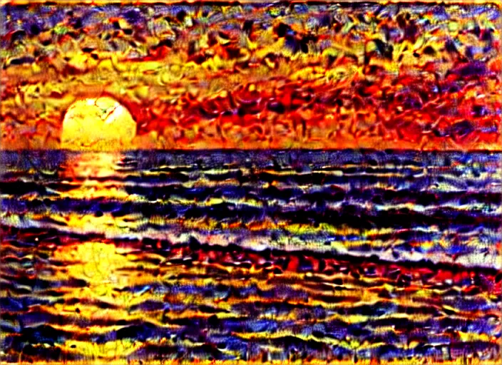 Prompt: sunset on the beach, a huge steamboat city in the horizon, impressionism, oil on canvas, natural colors, horizon, golden hour, masterpiece, detailed, by gustave caillebotte