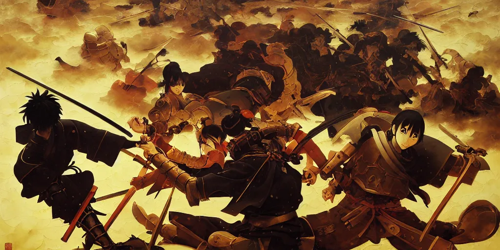 Image similar to baroque oil painting of key visual samurai battle, japanese armor, brutalist fantasy, realism, rule of thirds golden ratio, fake detail, trending pixiv fanbox, acrylic palette knife, style of makoto shinkai ghibli takashi takeuchi yoshiyuki sadamoto jamie wyeth james gilleard greg rutkowski chiho aoshima