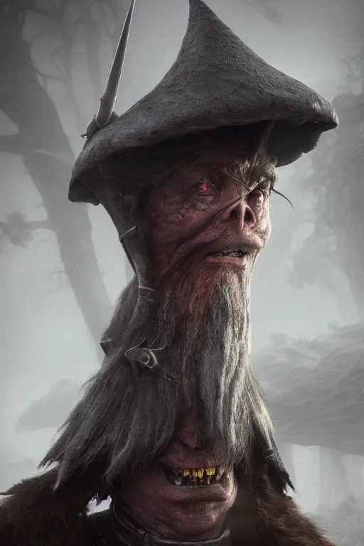 Prompt: highly detailed full body character art of a high fantasy cyclops wizard eyes covered by a pointy mage hat, full body, highly detailed, photo realistic, dark fantasy atmosphere, foggy, 8 k, octane render, unreal engine