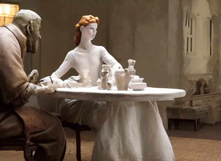 Image similar to movie still of a woman made out of porcelain sitting at a table, smooth white skin, directed by Guillermo Del Toro