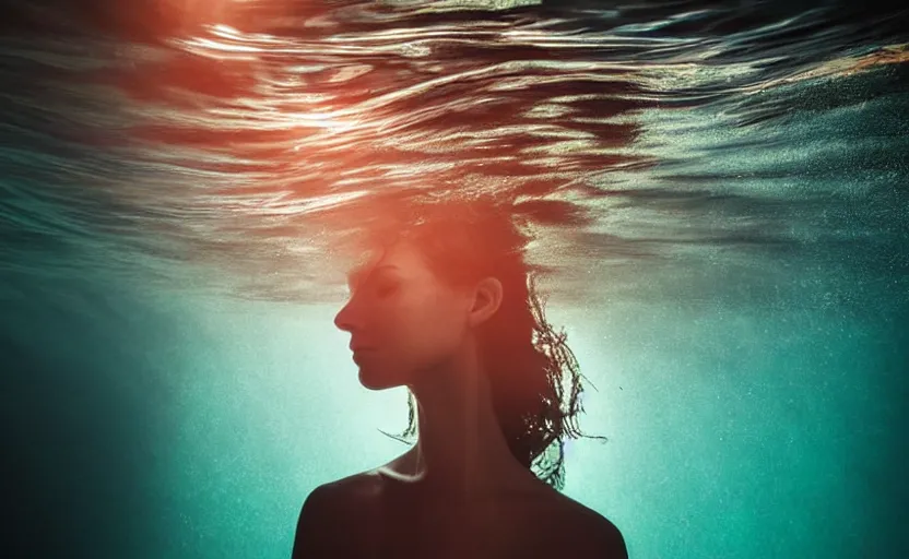 Image similar to photo portrait of woman underwater during sunrise, sunrays, flowing fabric!!, caustics, rippling water, photoshoot, flowing hair, haunting, iconic, fine-art, masterpiece, sharp focus