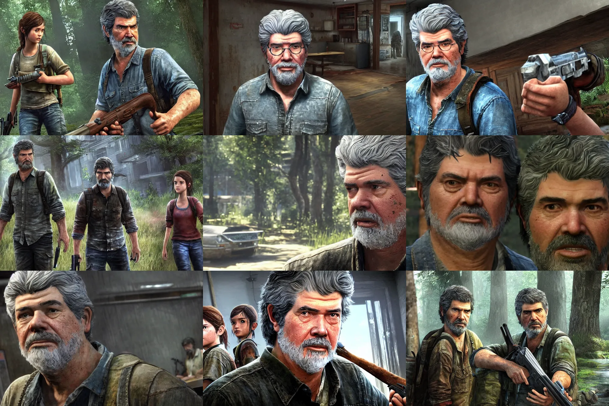 Prompt: a screenshot of george lucas in the video game the last of us. 3 d rendering. unreal engine. amazing likeness. very detailed. cartoon caricature.