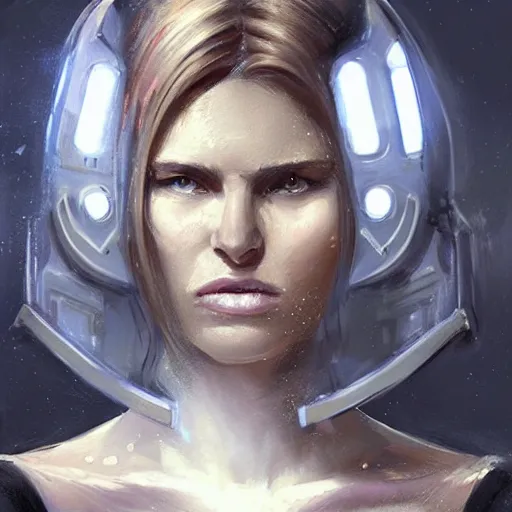 Image similar to portrait of a woman by greg rutkowski, she is about 3 0 years old, slavic, pretty, blond hair with two strans around her face, devastated expression, helplessness and denial, she is wearing a futuristic space gear, highly detailed portrait, digital painting, artstation, concept art, smooth, sharp foccus ilustration, artstation hq.