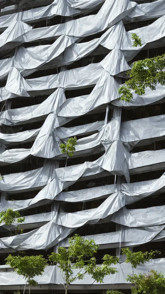 Image similar to hyperrealistic photo of a futuristic timber building in a urban setting. the building has many balconies with hanging plants. parts of the building are wrapped in billowing fabric tarps. the fabric tarps are translucent mesh with large holes for balconies and windows. the fabric hangs from metal scaffolding. 8 k