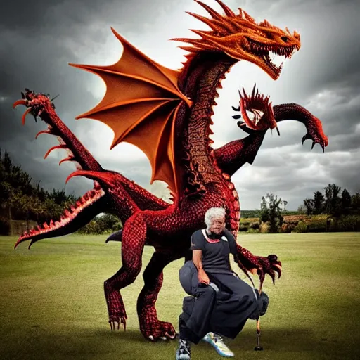 Image similar to morgan freeman riding a dragon that is about to score a goal