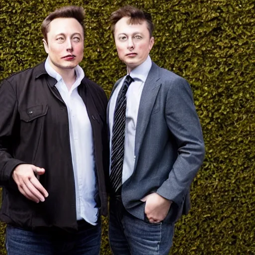 Image similar to A portrait photo of Elon Musk teams up with a teenage Elon Musk, perfect faces, 50 mm, award winning photography