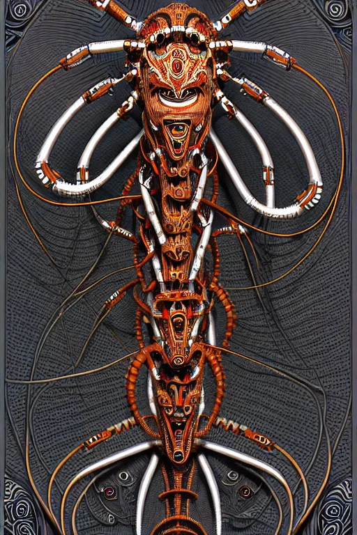 Image similar to a centered uncut fullbody frontview portrait of a robotic hydra / gorgon headed biomechanical creature by clogtwo and subjekt zero feat paul lewin and ø - cult. intricate detailed sharp clean textured very ornated. indian style tapestry design. hd. 4 k. lowbrow color palette